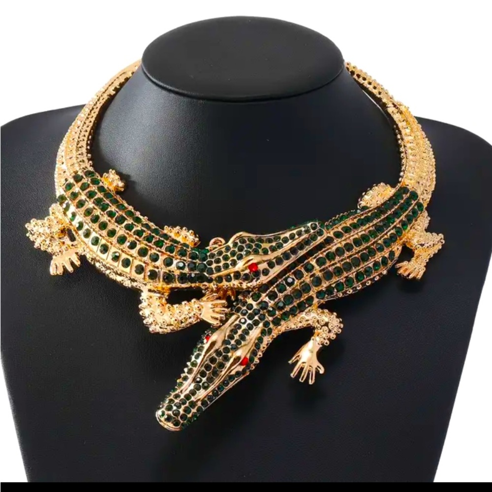 Golden Twin Alligator & Rhinestone Bold Statement Necklace